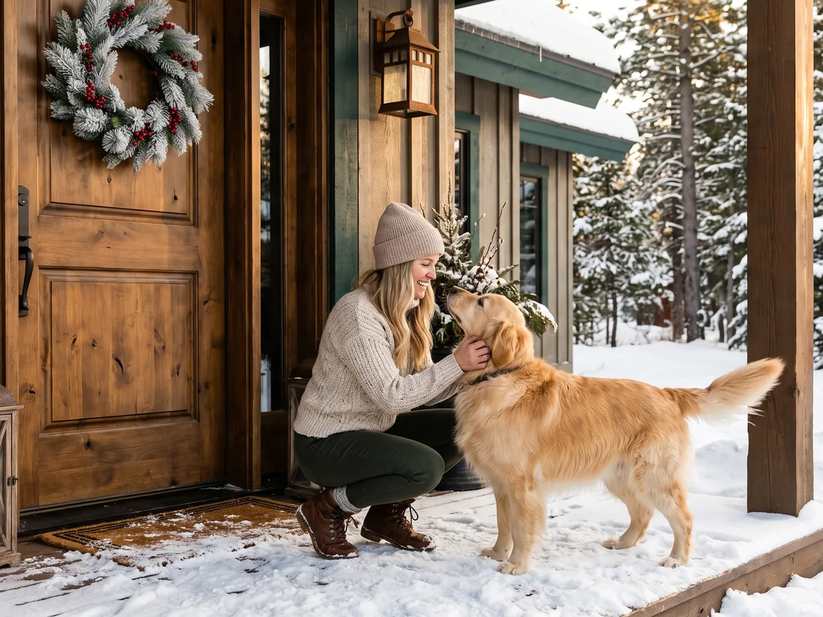 A woman greeting her fluffy, freshly groomed golden retriever at her snowy front door