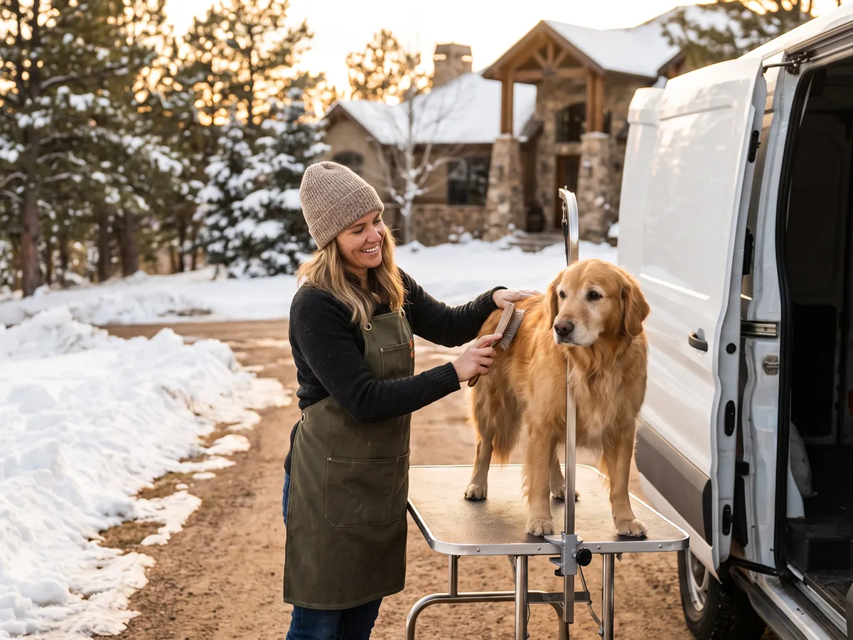 A groomer brushing a happy golden retriever at the open side door of the van in a snowy driveway