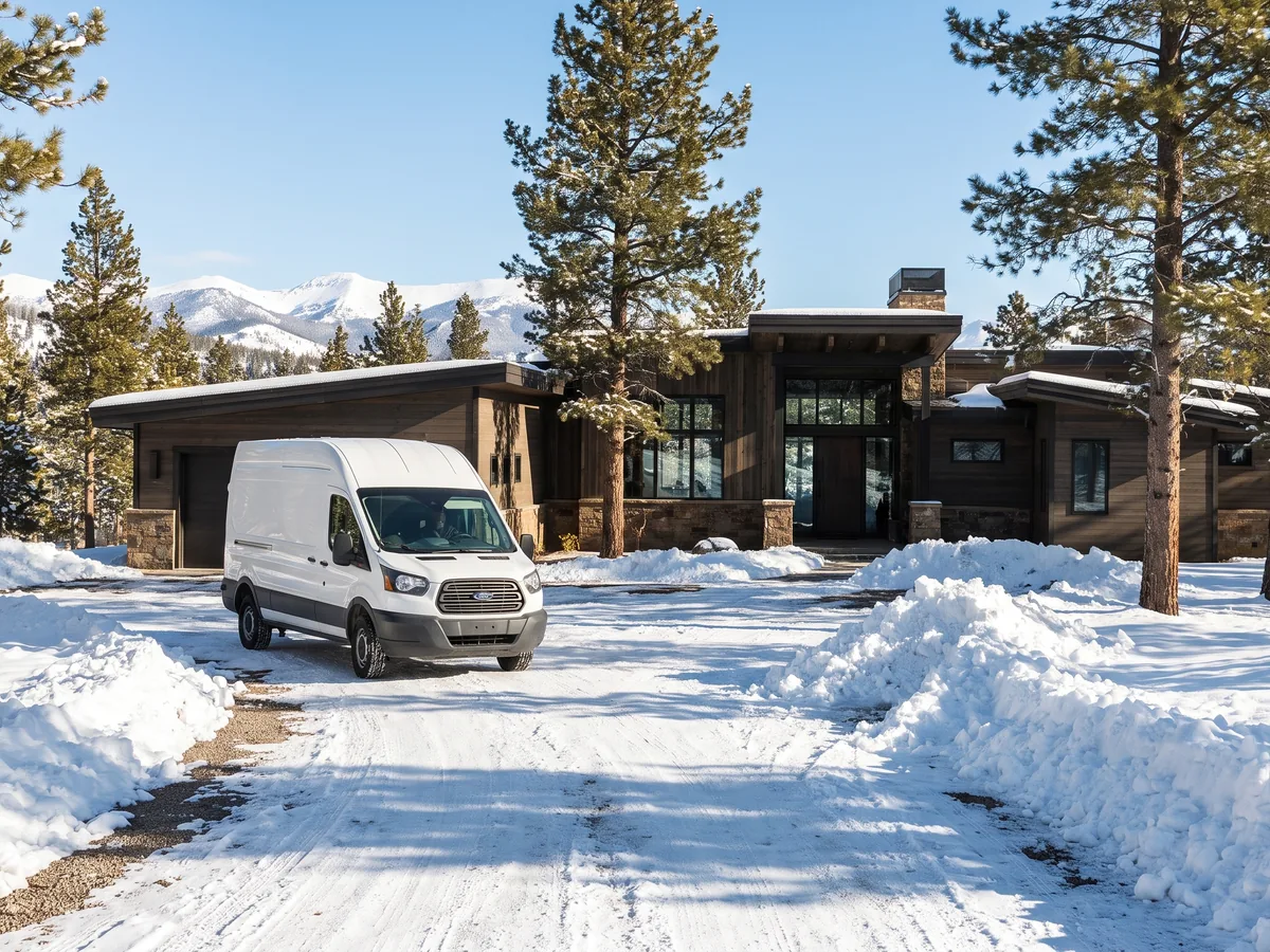 The white grooming van pulling into a freshly plowed driveway between snow-dusted pines
