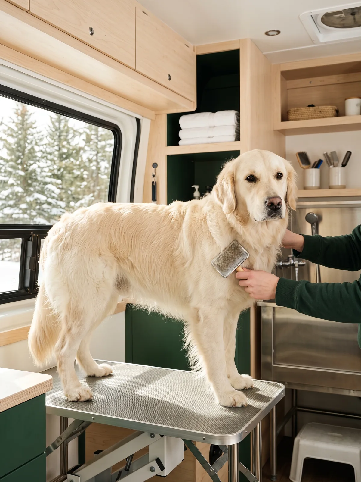 Inside the grooming van: a golden retriever on the stainless table while the groomer brushes its coat, snowy pines through the window