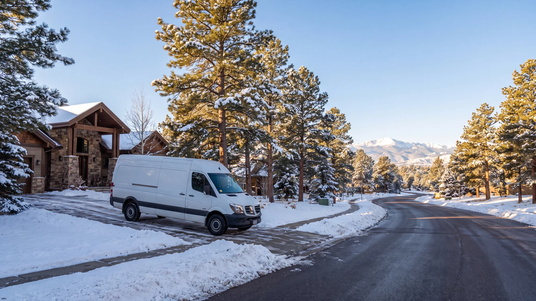 A quiet Castle Pines street after fresh snow, ponderosa pines and a white grooming van parked in a plowed driveway
