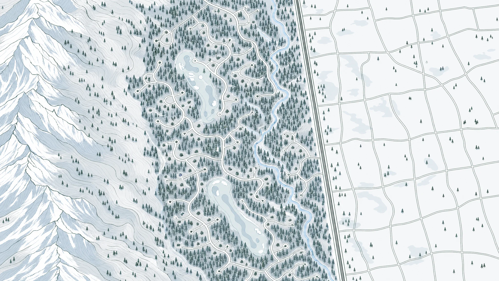 Illustrated map of the Castle Pines ridge: I-25, pine-covered neighborhoods and golf courses, with Castle Rock, Lone Tree, Highlands Ranch and Parker around it